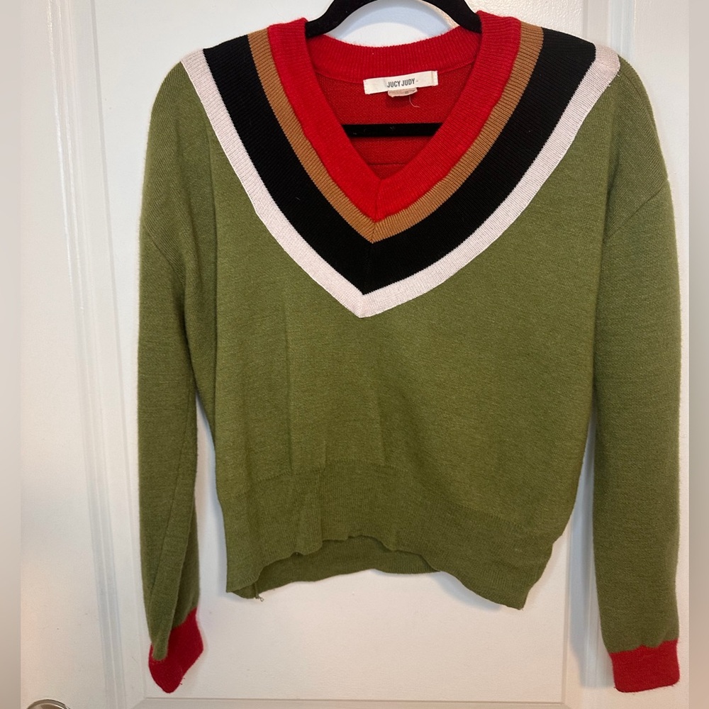 Vintage V-Neck Sweater with Multicolor Stripes